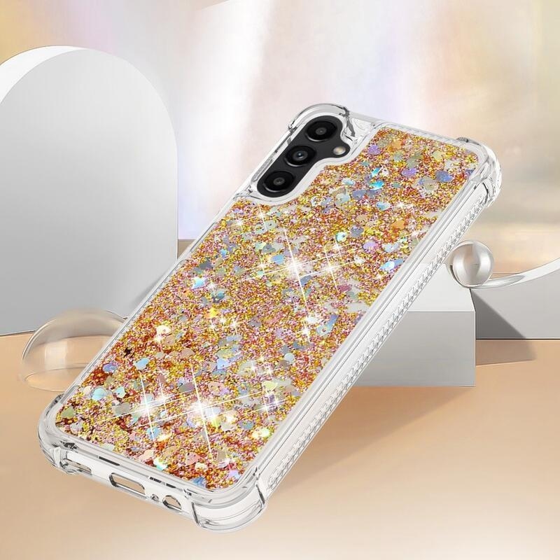 Glitter presýpací gélový obal na Samsung Galaxy A14 4G/5G - zlatý/srdiečka