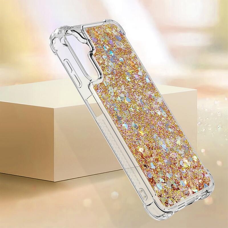 Glitter presýpací gélový obal na Samsung Galaxy A14 4G/5G - zlatý/srdiečka