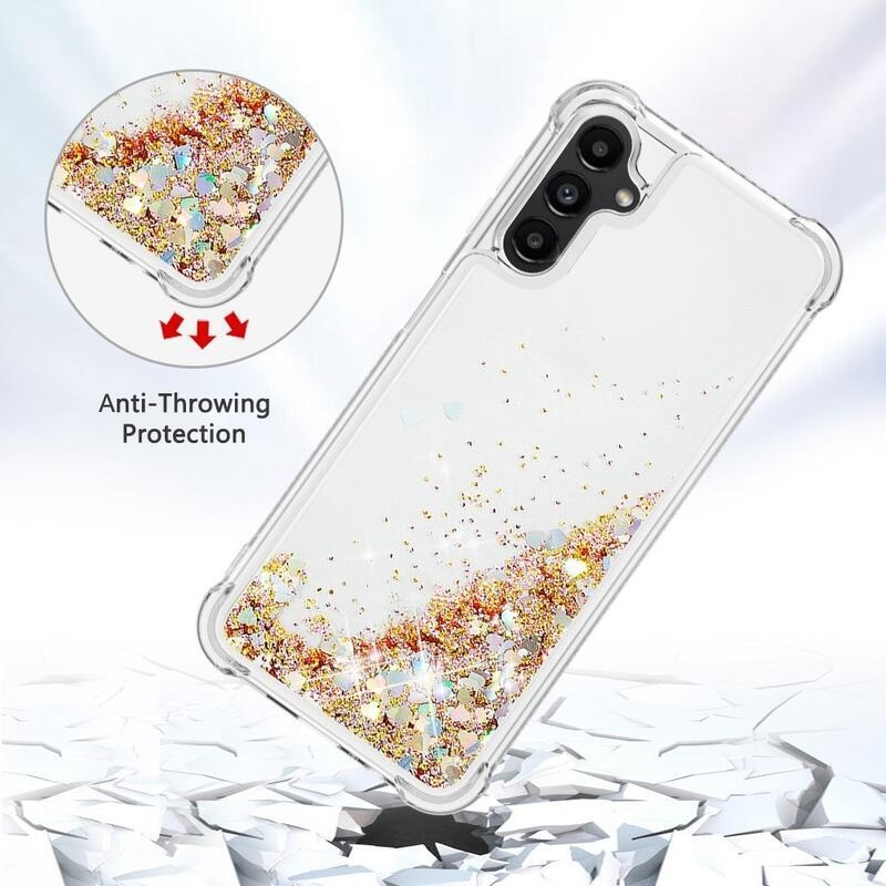 Glitter presýpací gélový obal na Samsung Galaxy A14 4G/5G - zlatý/srdiečka