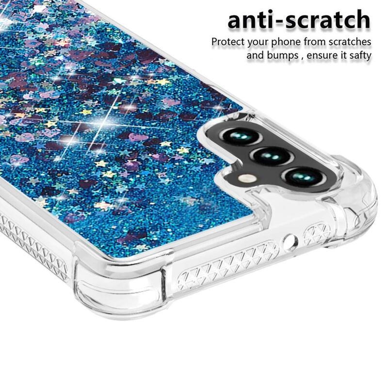 Glitter presýpací gélový obal na Samsung Galaxy A34 5G - modrý/srdiečka