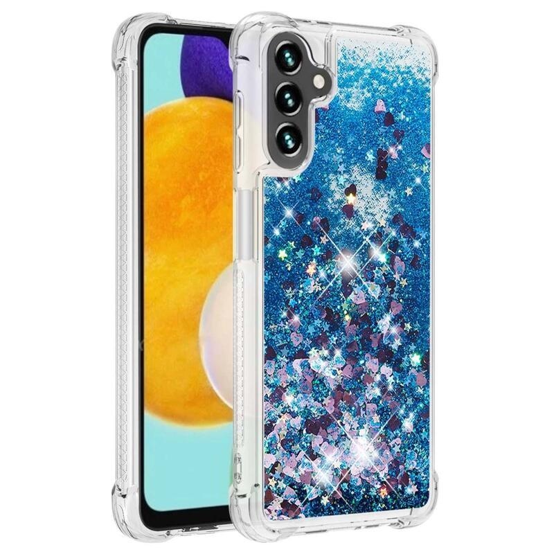 Glitter presýpací gélový obal na Samsung Galaxy A34 5G - modrý/srdiečka