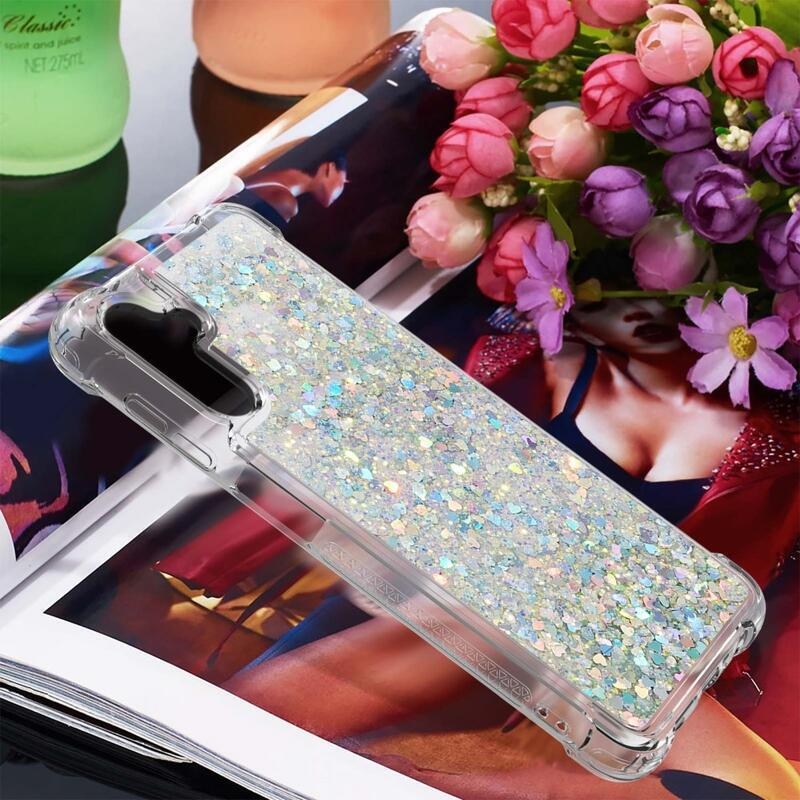 Glitter presýpacie gélový obal na Samsung Galaxy A34 5G - strieborný/srdiečka