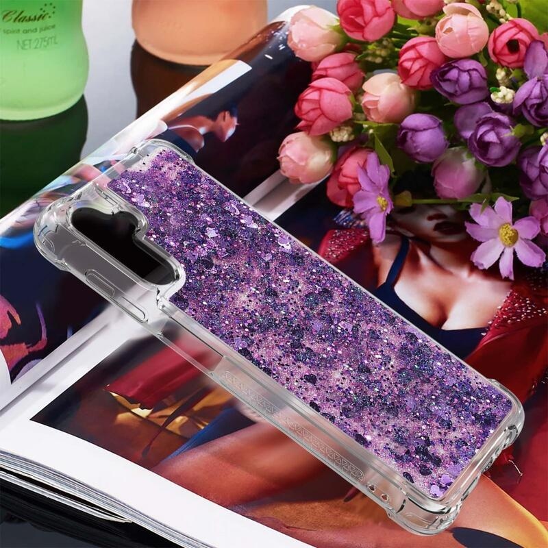 Glitter presýpací gélový obal na Samsung Galaxy A34 5G - tmavofialový/srdiečka