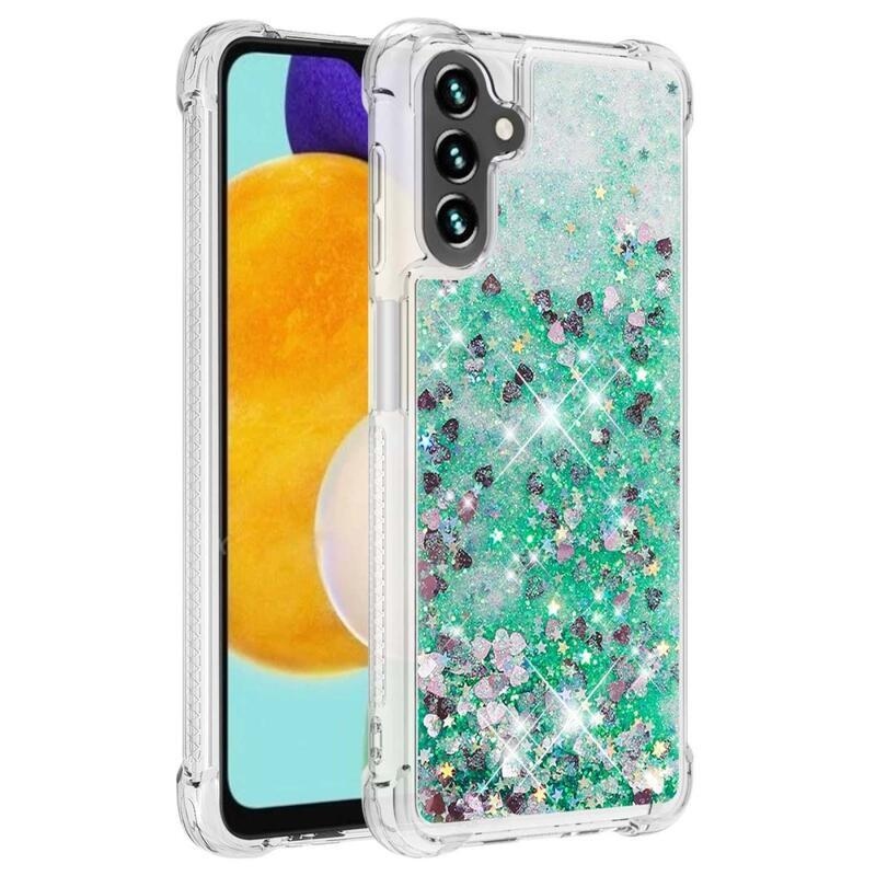 Glitter presýpací gélový obal na Samsung Galaxy A34 5G - zelený/srdiečka