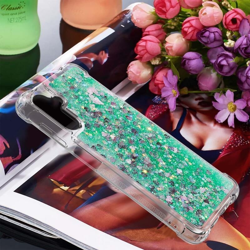 Glitter presýpací gélový obal na Samsung Galaxy A34 5G - zelený/srdiečka