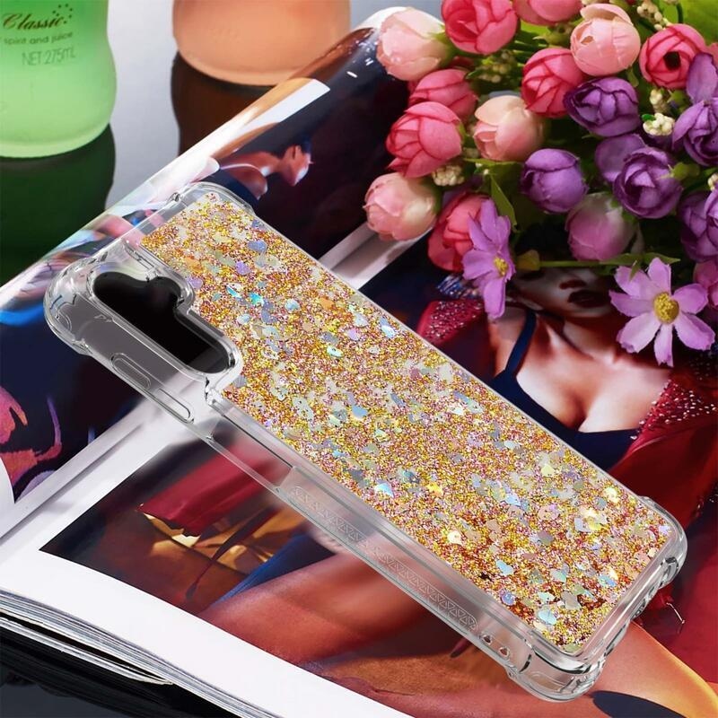 Glitter presýpací gélový obal na Samsung Galaxy A34 5G - zlatý/srdiečka