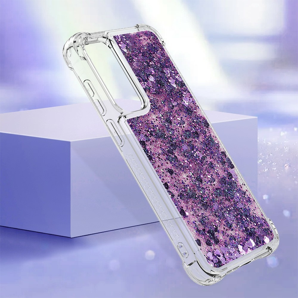 Glitter presýpací gélový obal na Samsung Galaxy A37 5G - tmavofialový/srdiečka