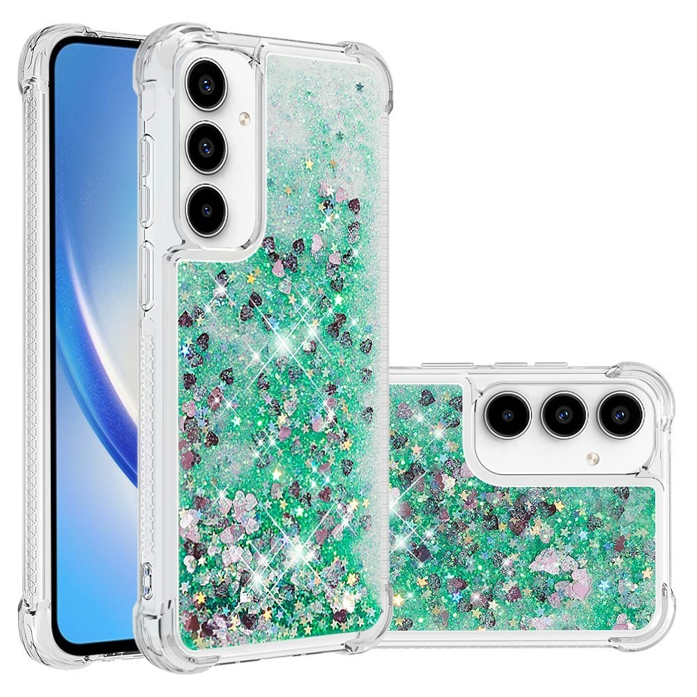 Glitter presýpacie gélový obal na Samsung Galaxy A37 5G - zelený/srdiečka