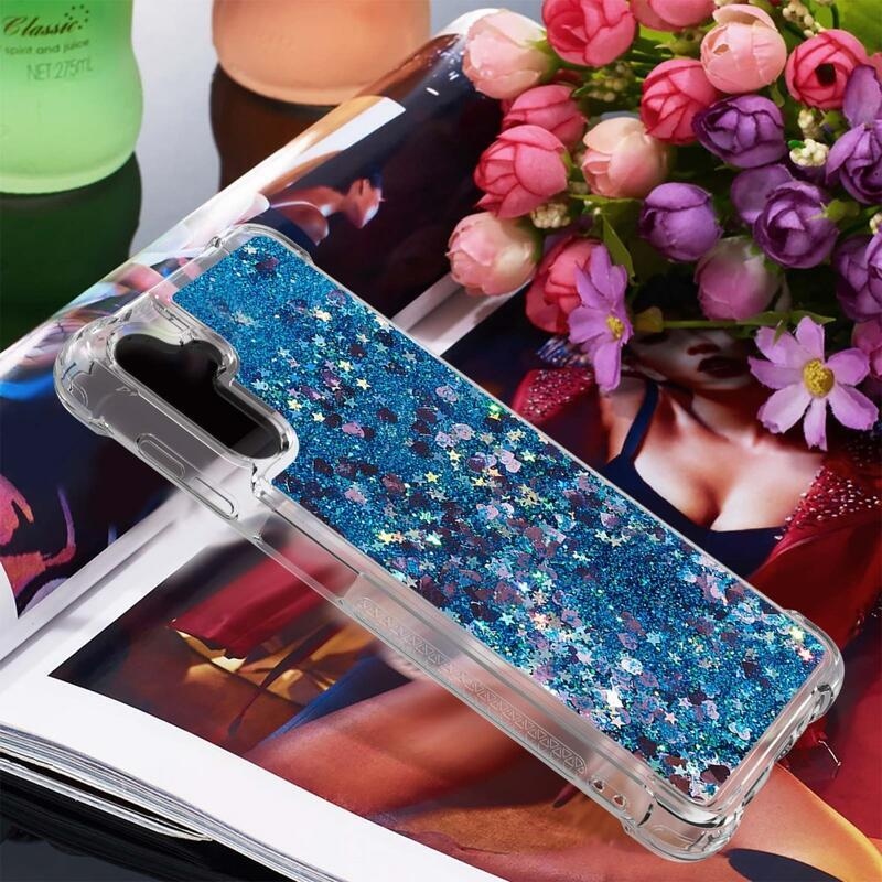 Glitter presýpací gélový obal na Samsung Galaxy A54 5G - modrý/srdiečka