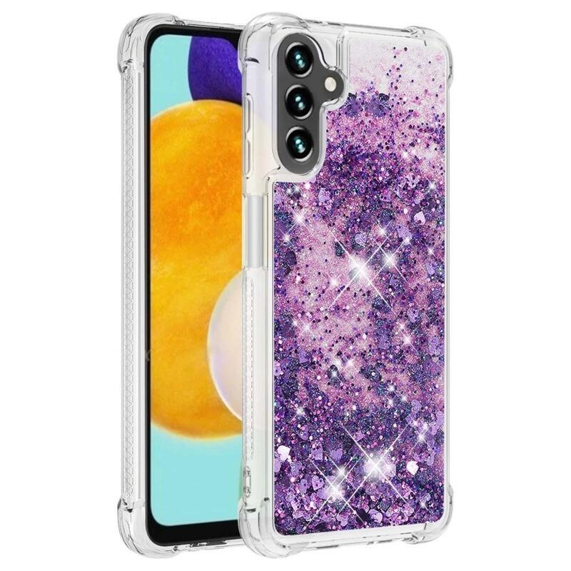 Glitter presýpací gélový obal na Samsung Galaxy A54 5G - tmavofialový/srdiečka