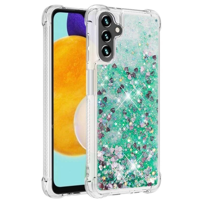 Glitter presýpacie gélový obal na Samsung Galaxy A54 5G - zelený/srdiečka