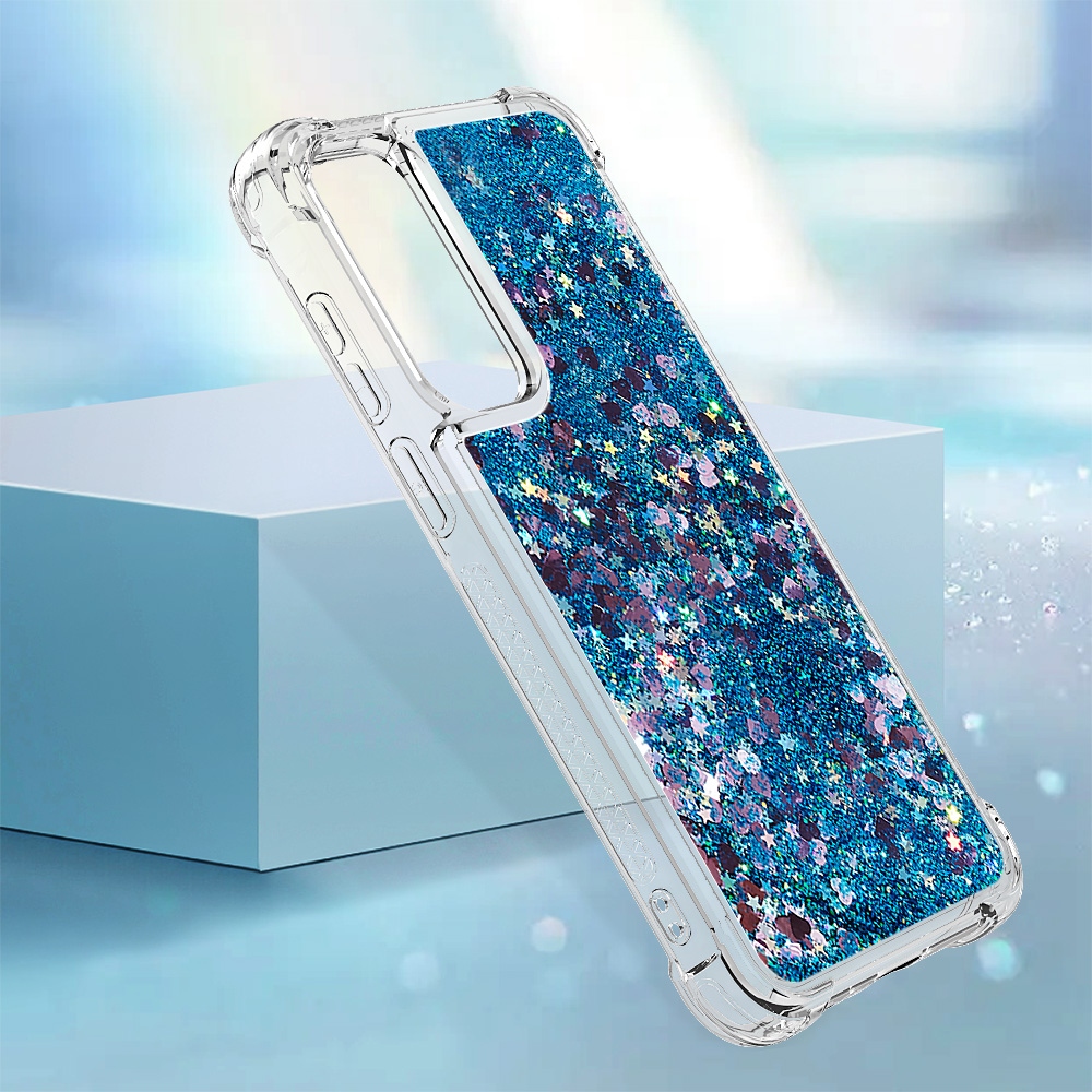 Glitter presýpací gélový obal na Samsung Galaxy A57 5G - modrý/srdiečka