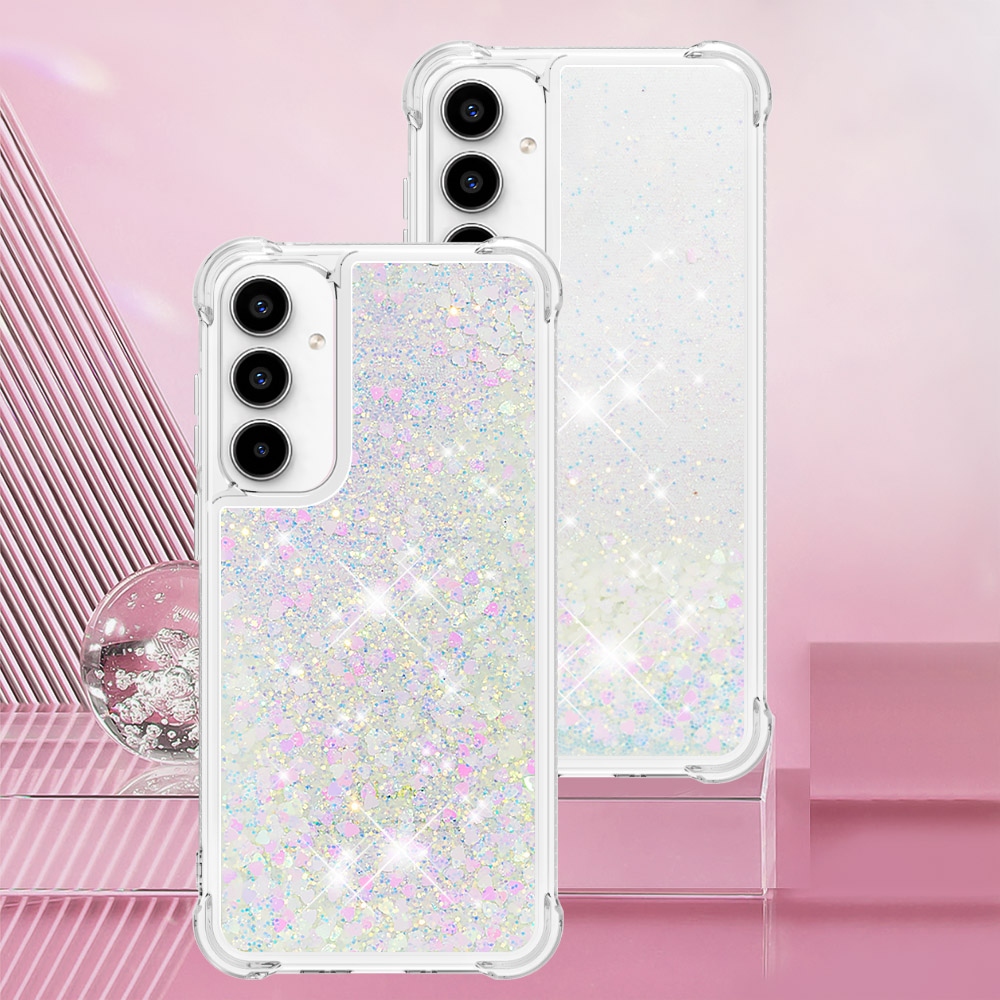 Glitter presýpací gélový obal na Samsung Galaxy A57 5G - ružovo strieborný/srdiečka