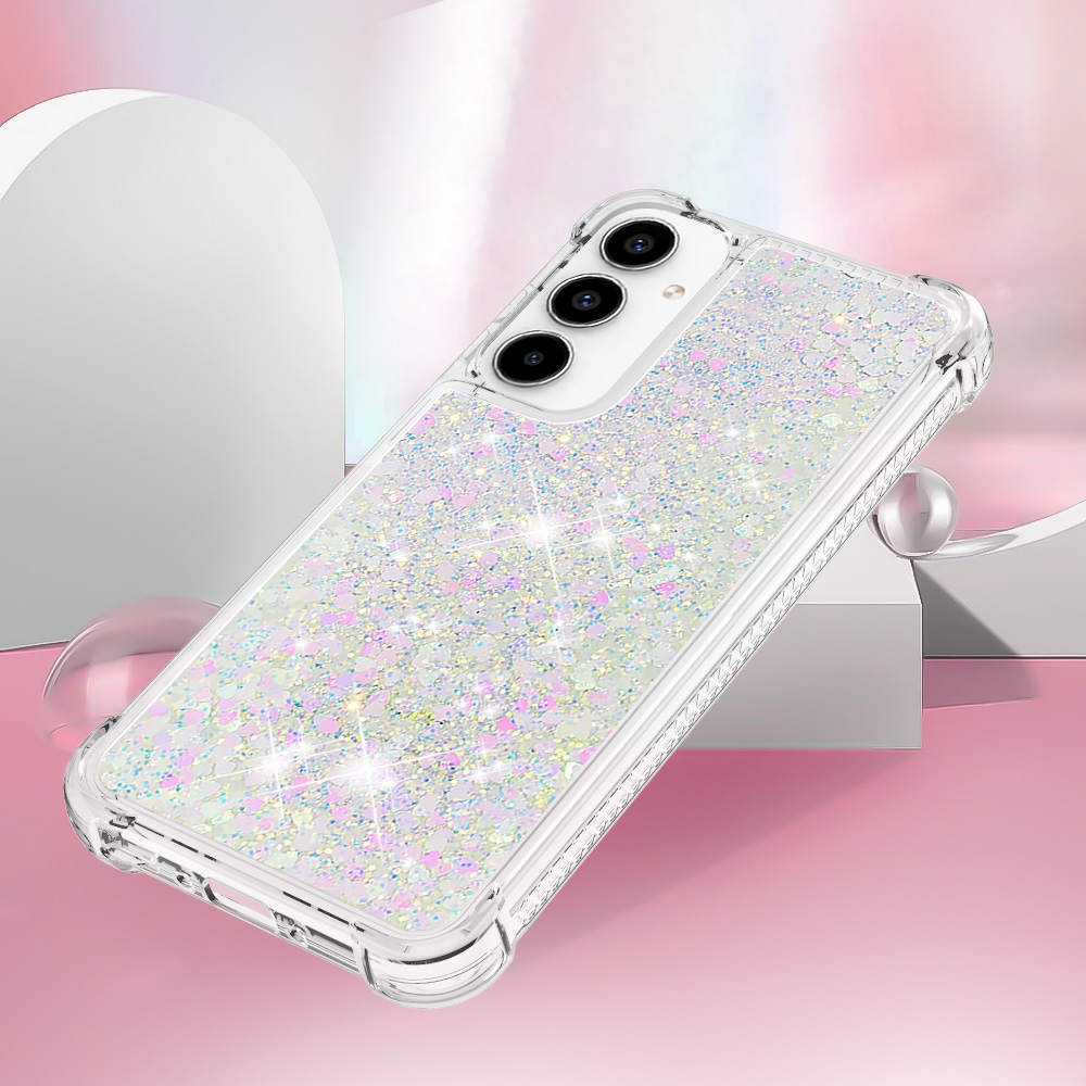 Glitter presýpací gélový obal na Samsung Galaxy A57 5G - ružovo strieborný/srdiečka