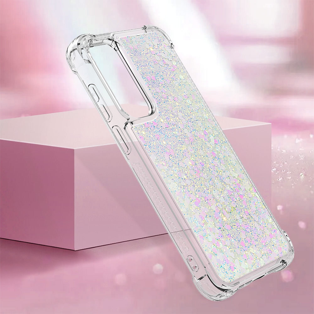 Glitter presýpací gélový obal na Samsung Galaxy A57 5G - ružovo strieborný/srdiečka