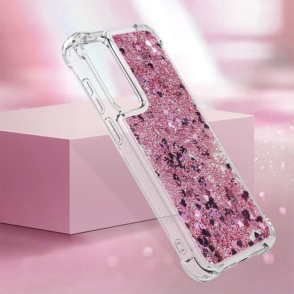 Glitter presýpací gélový obal na Samsung Galaxy A57 5G - ružovozlatý/srdiečka