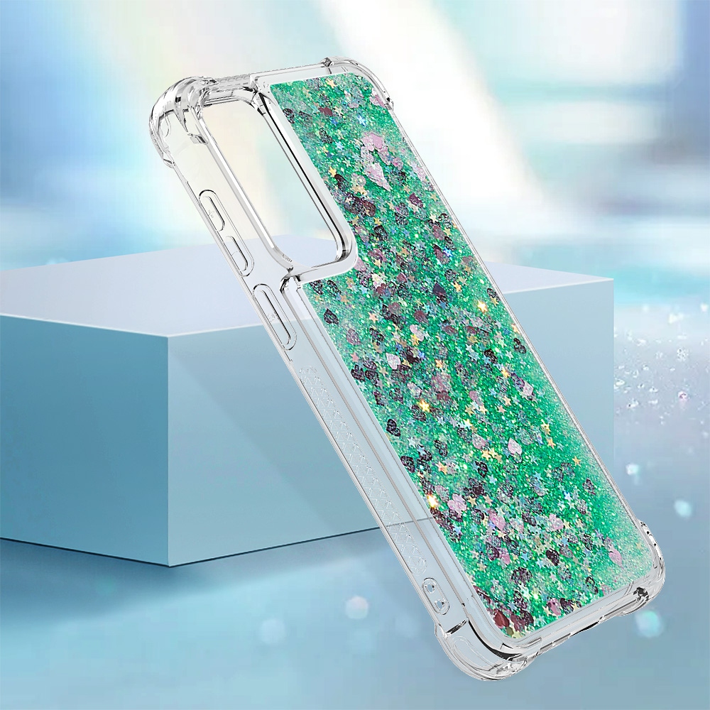 Glitter presýpacie gélový obal na Samsung Galaxy A57 5G - zelený/srdiečka