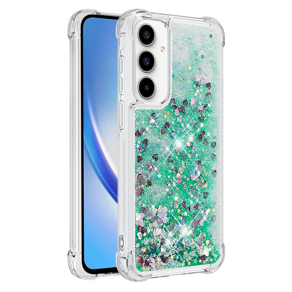 Glitter presýpacie gélový obal na Samsung Galaxy A57 5G - zelený/srdiečka