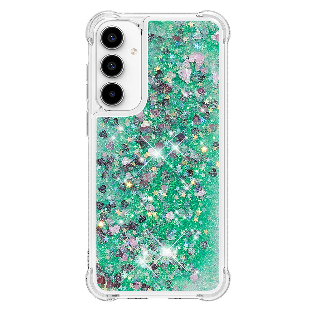 Glitter presýpacie gélový obal na Samsung Galaxy A57 5G - zelený/srdiečka