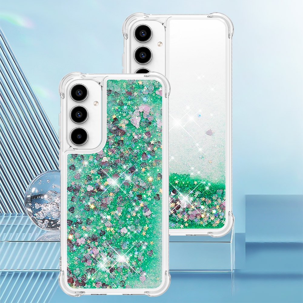 Glitter presýpacie gélový obal na Samsung Galaxy A57 5G - zelený/srdiečka