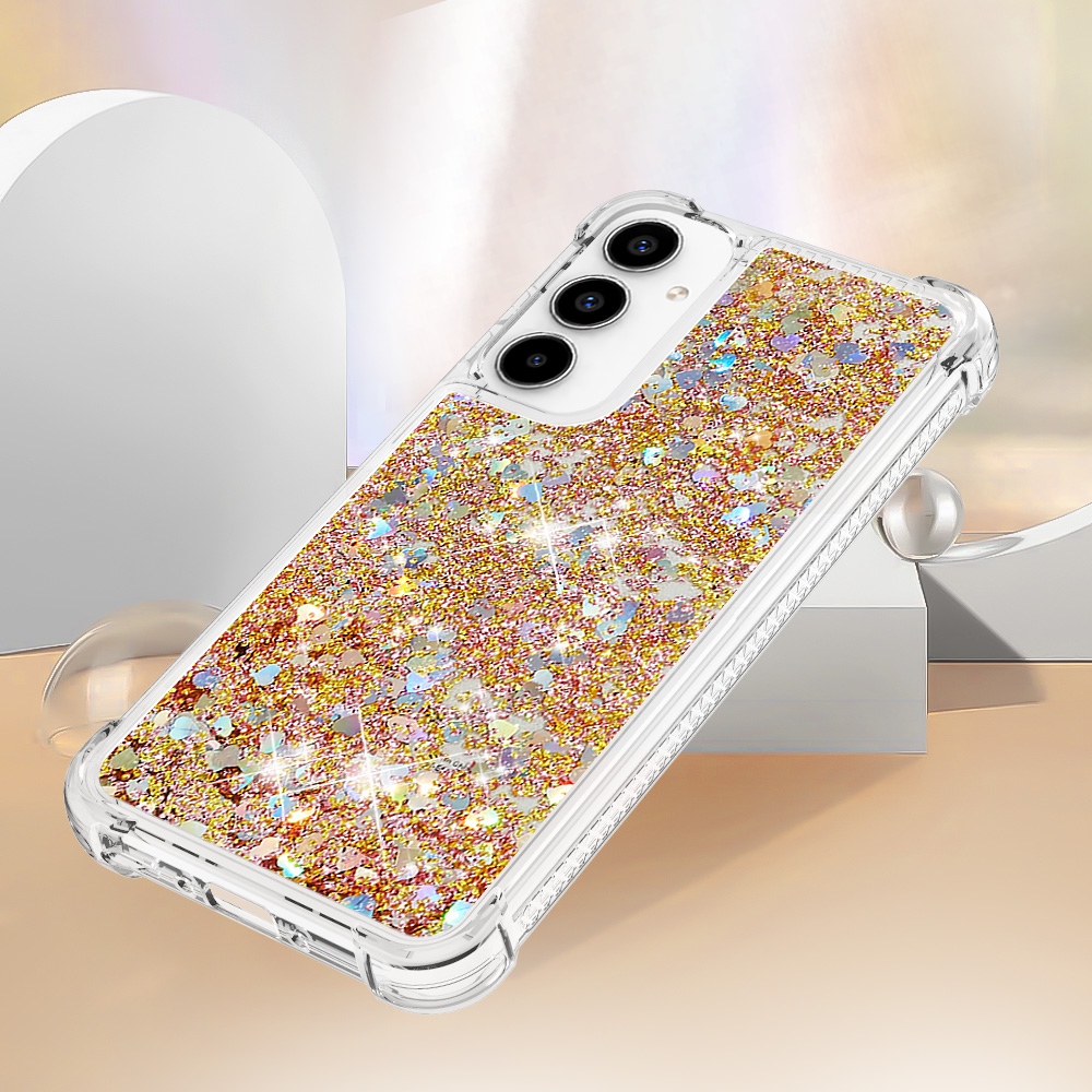 Glitter presýpací gélový obal na Samsung Galaxy A57 5G - zlatý/srdiečka