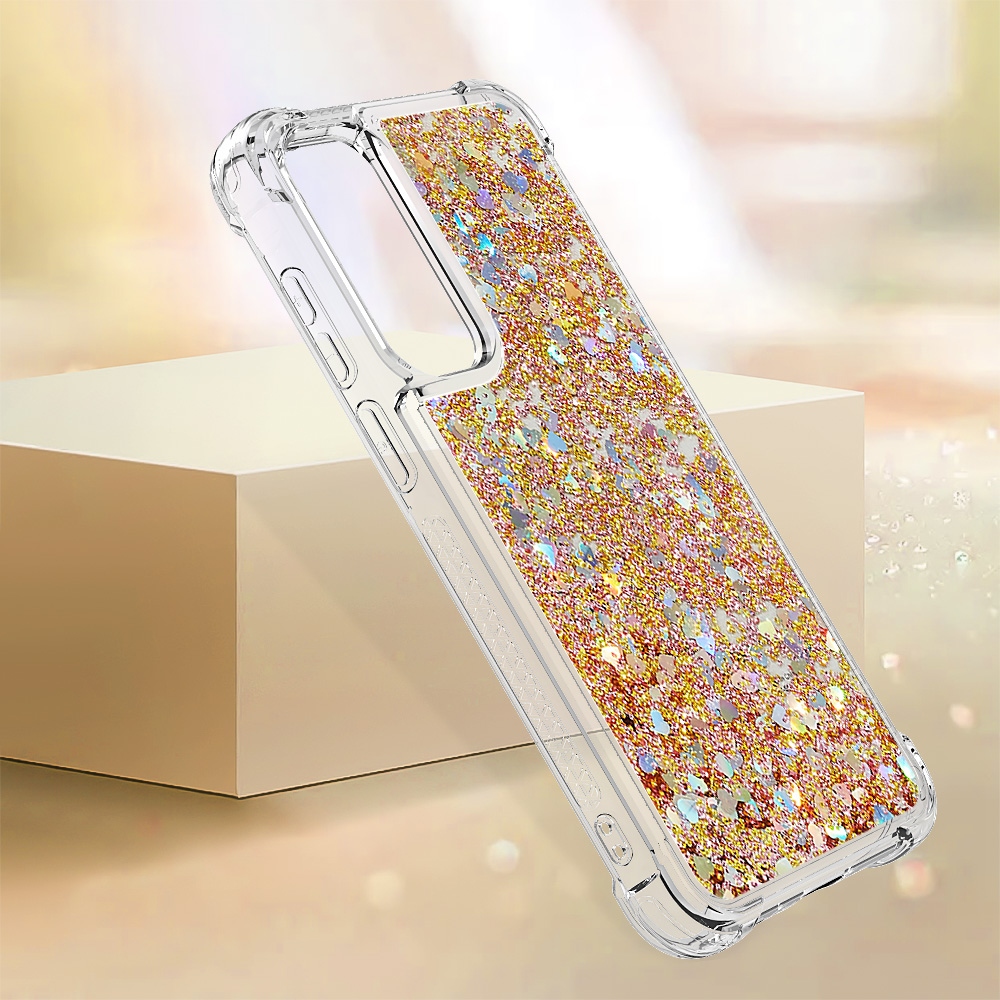 Glitter presýpací gélový obal na Samsung Galaxy A57 5G - zlatý/srdiečka