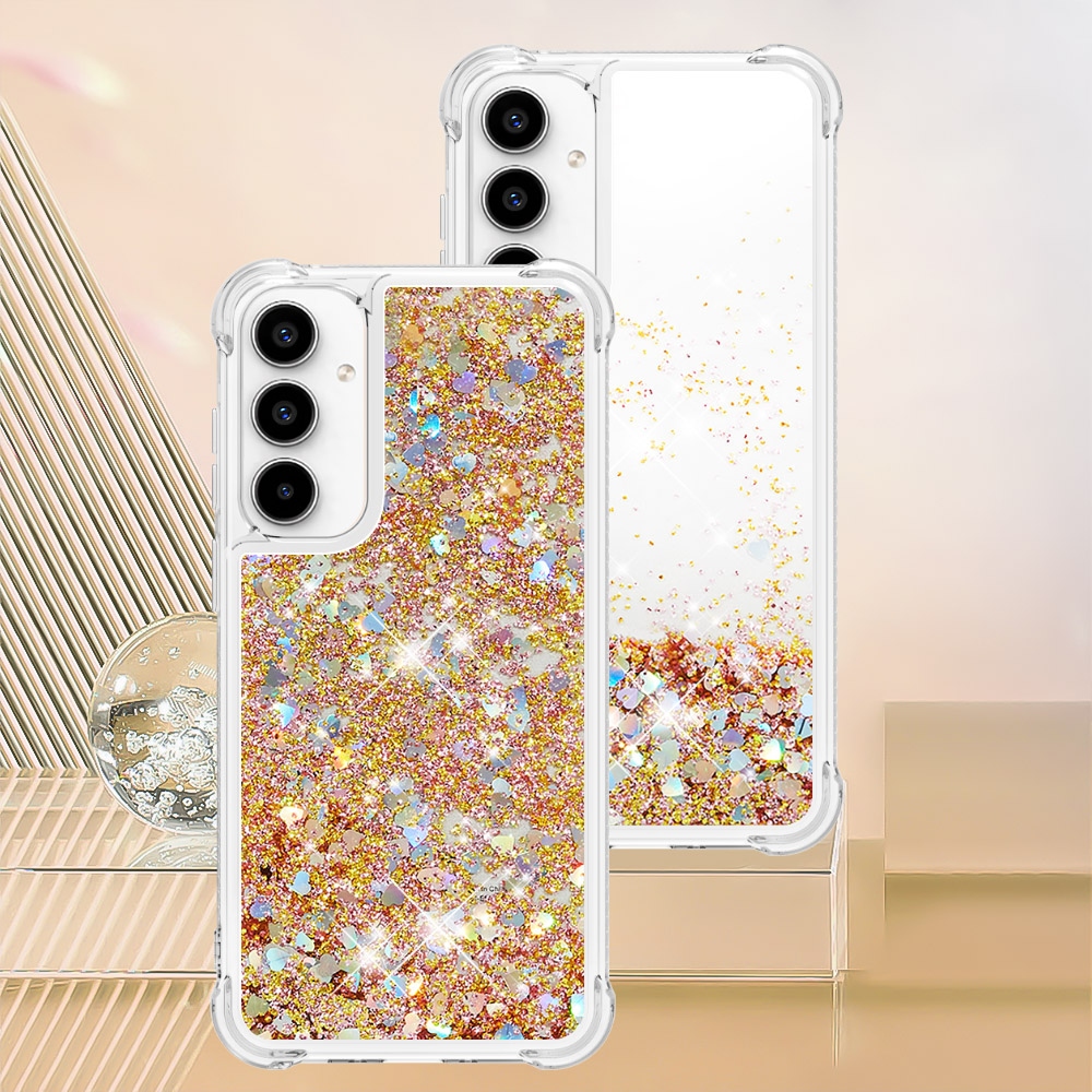 Glitter presýpací gélový obal na Samsung Galaxy A57 5G - zlatý/srdiečka