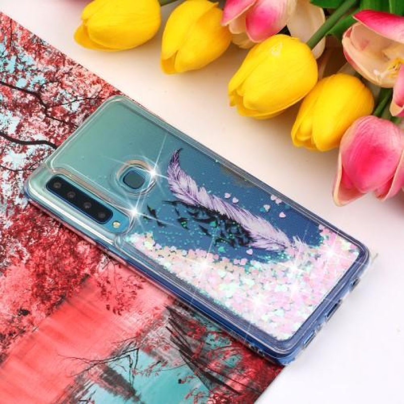 Glitter presýpacie gélový obal na Samsung Galaxy A9 - fialové pierko