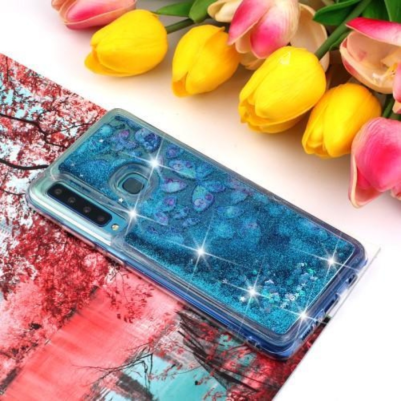 Glitter presýpacie gélový obal na Samsung Galaxy A9 - modrý motýľ