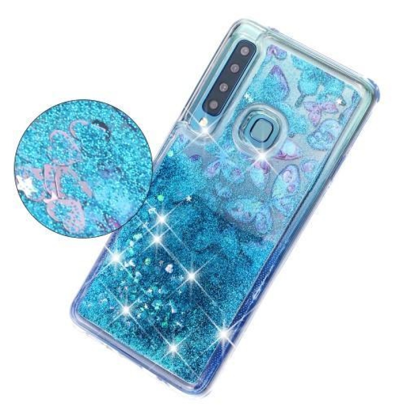 Glitter presýpacie gélový obal na Samsung Galaxy A9 - modrý motýľ