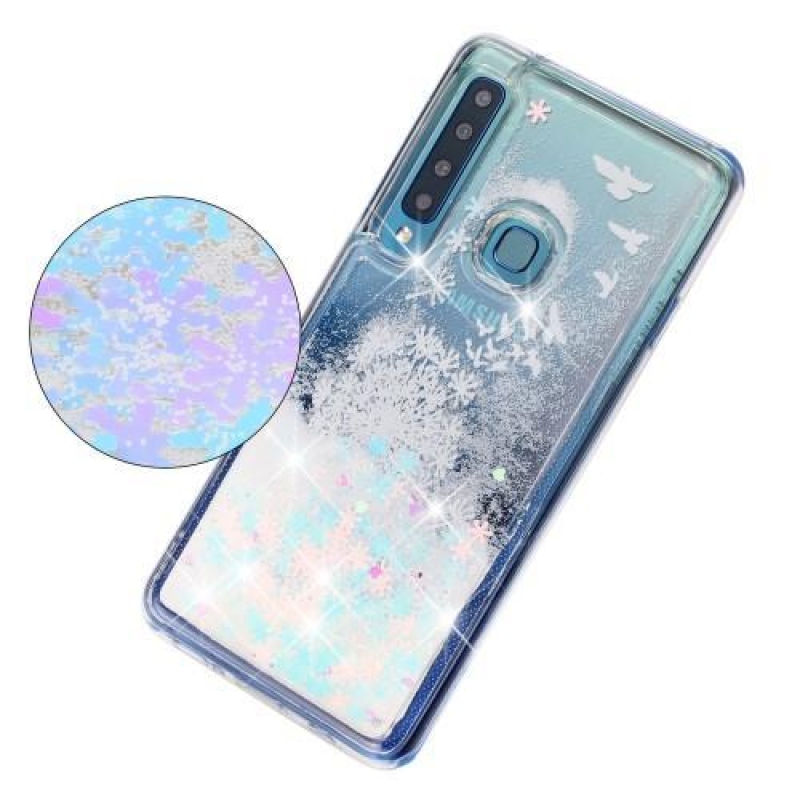 Glitter presýpacie gélový obal na Samsung Galaxy A9 - vtáky a púpava