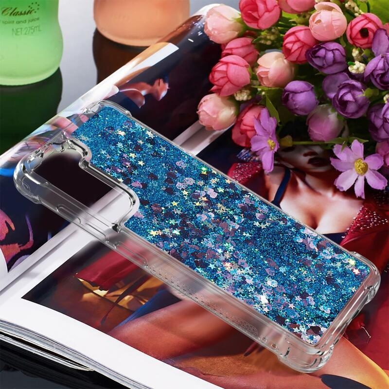 Glitter presýpací gélový obal na Samsung Galaxy S21 FE 5G - modrý/srdiečka