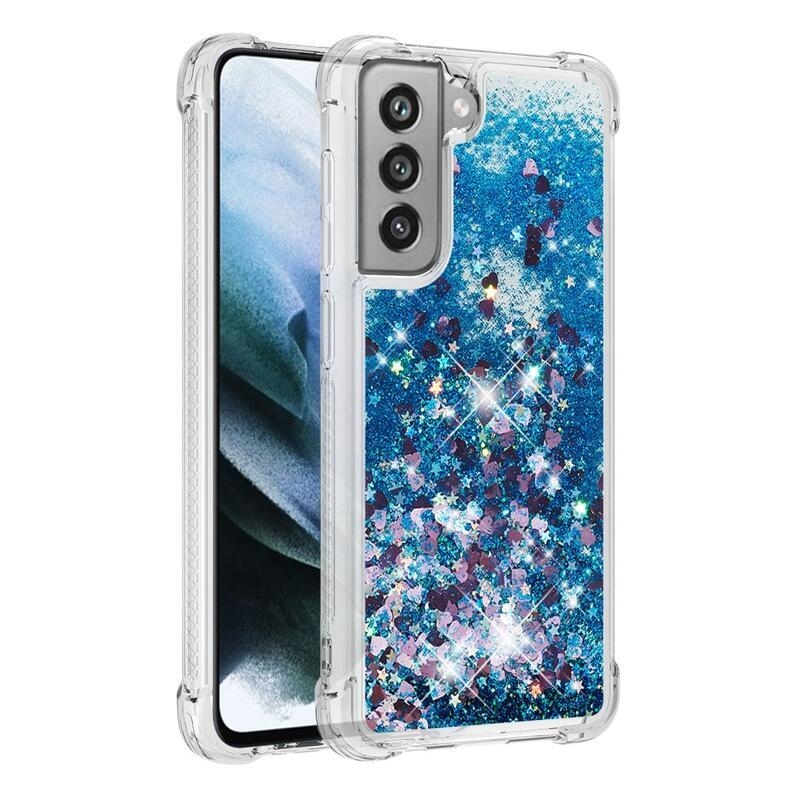 Glitter presýpací gélový obal na Samsung Galaxy S21 FE 5G - modrý/srdiečka