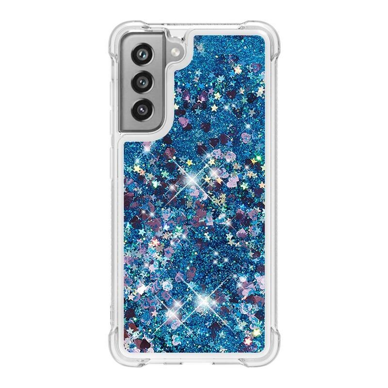 Glitter presýpací gélový obal na Samsung Galaxy S21 FE 5G - modrý/srdiečka