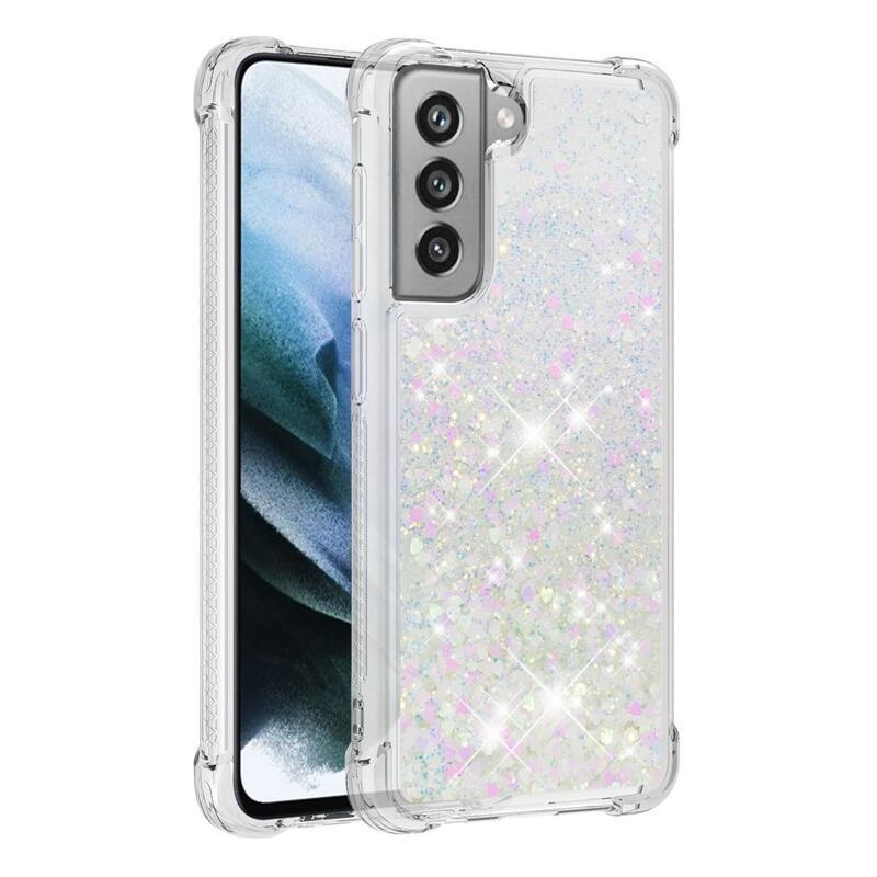 Glitter presýpací gélový obal na Samsung Galaxy S21 FE 5G - ružovo strieborný/srdiečka