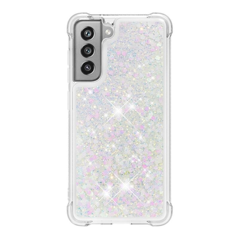 Glitter presýpací gélový obal na Samsung Galaxy S21 FE 5G - ružovo strieborný/srdiečka