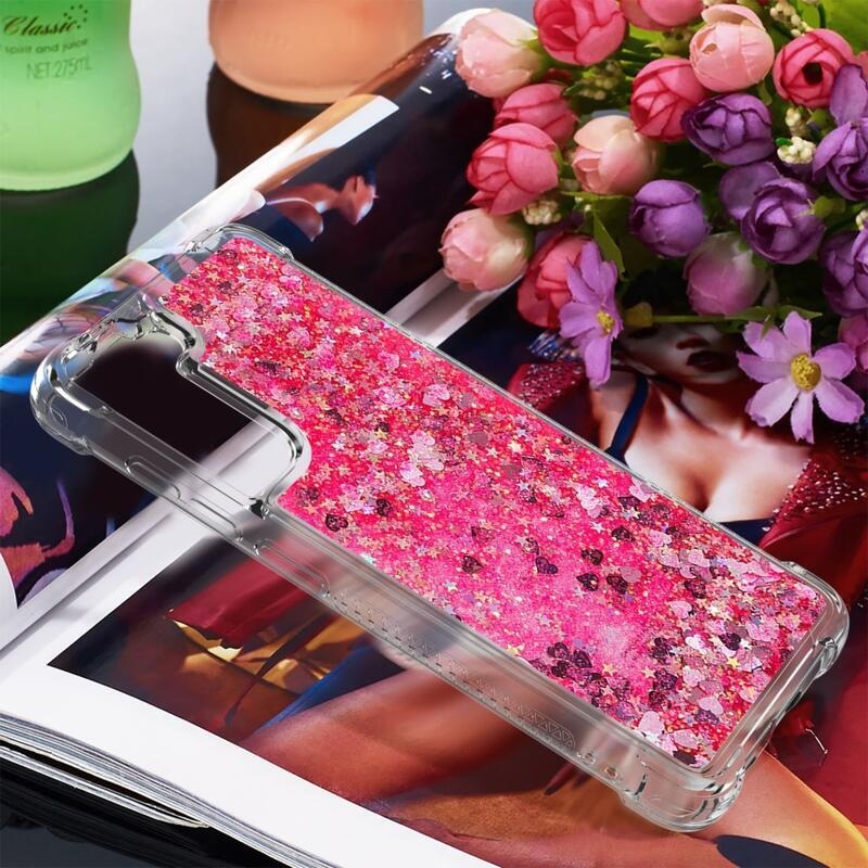 Glitter presýpací gélový obal na Samsung Galaxy S21 FE 5G - ružový/srdiečka