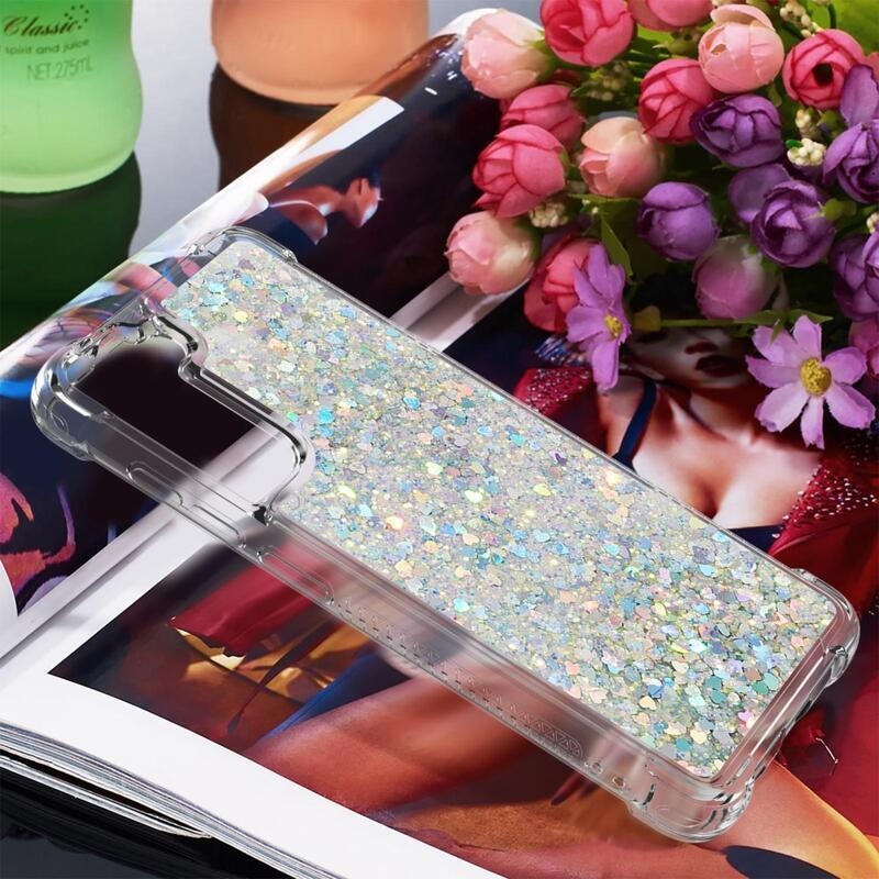 Glitter presýpací gélový obal na Samsung Galaxy S21 FE 5G - strieborný/srdiečka