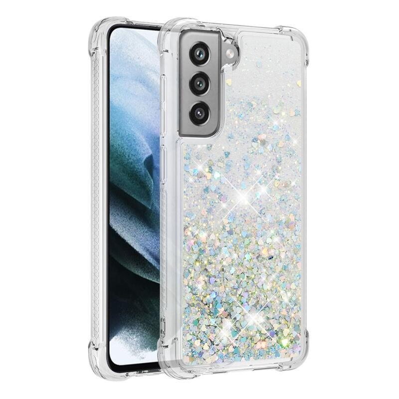 Glitter presýpací gélový obal na Samsung Galaxy S21 FE 5G - strieborný/srdiečka