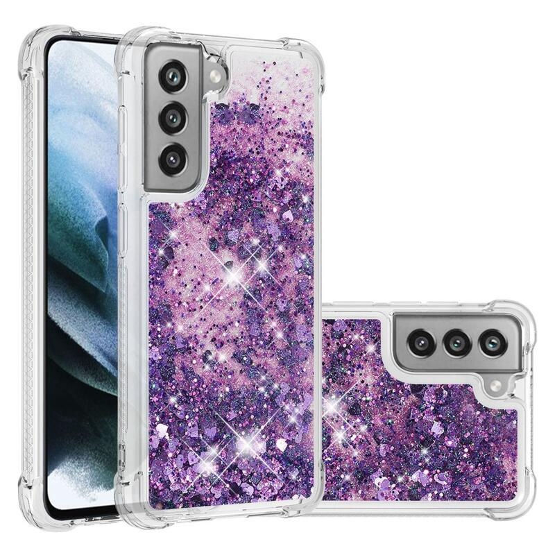 Glitter presýpací gélový obal na Samsung Galaxy S21 FE 5G - tmavofialový/srdiečka