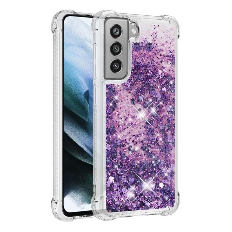 Glitter presýpací gélový obal na Samsung Galaxy S21 FE 5G - tmavofialový/srdiečka