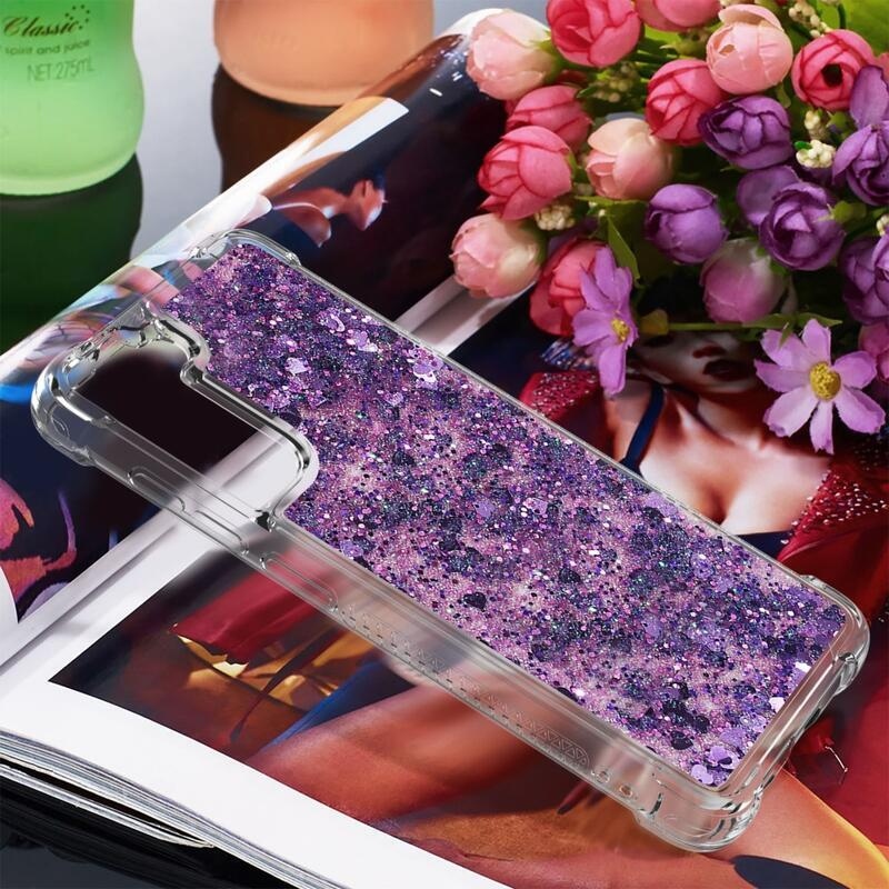 Glitter presýpací gélový obal na Samsung Galaxy S21 FE 5G - tmavofialový/srdiečka