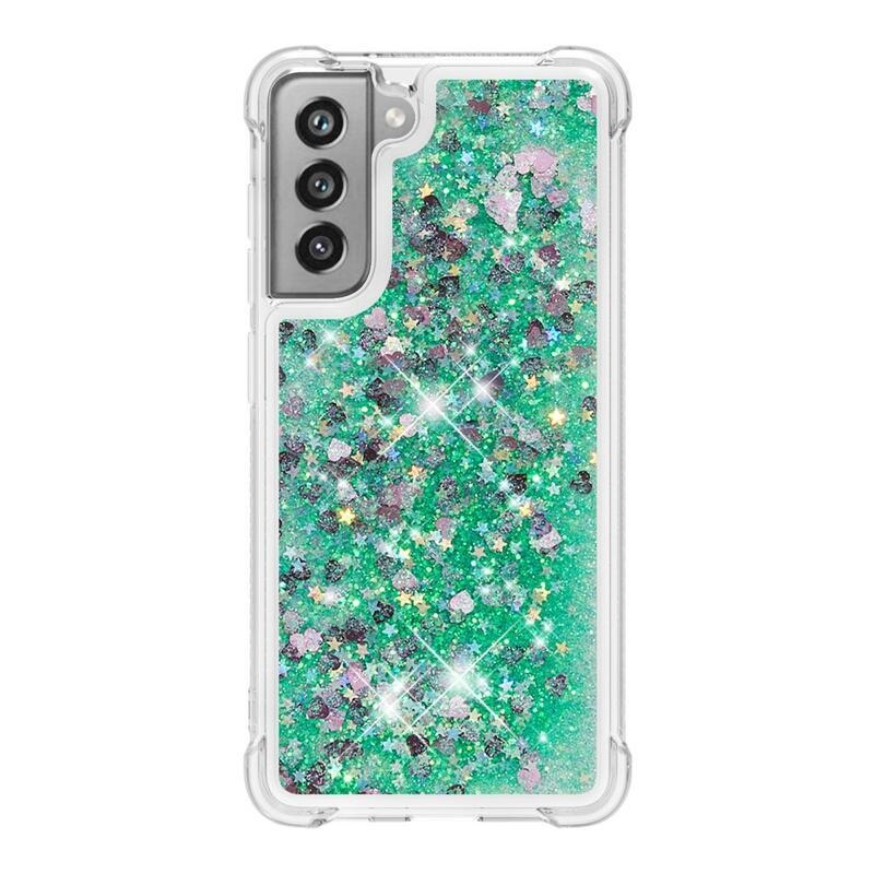 Glitter presýpací gélový obal na Samsung Galaxy S21 FE 5G - zelený/srdiečka