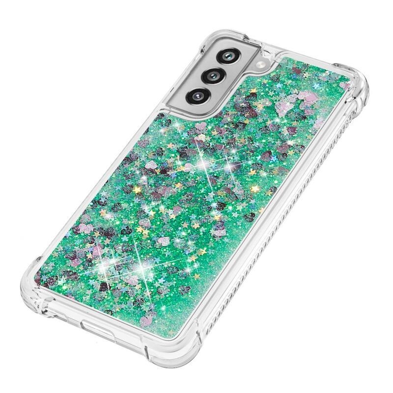 Glitter presýpací gélový obal na Samsung Galaxy S21 FE 5G - zelený/srdiečka