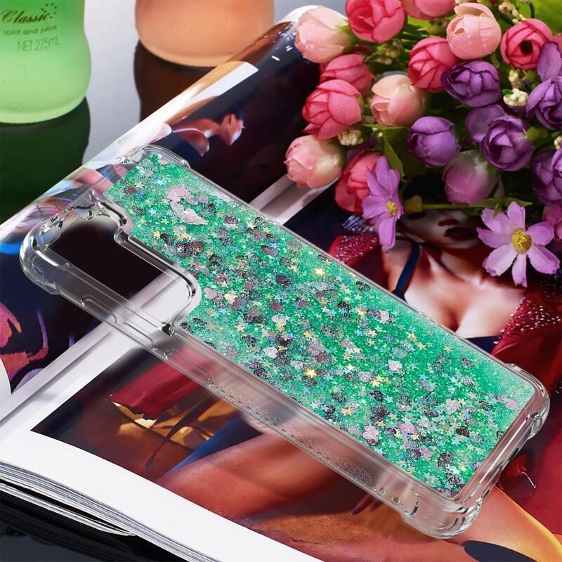 Glitter presýpací gélový obal na Samsung Galaxy S21 FE 5G - zelený/srdiečka