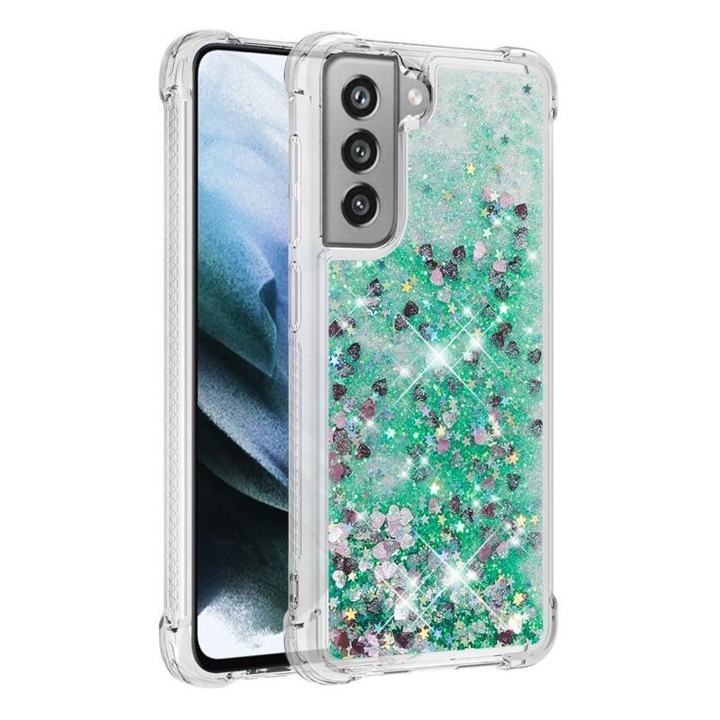 Glitter presýpací gélový obal na Samsung Galaxy S21 FE 5G - zelený/srdiečka