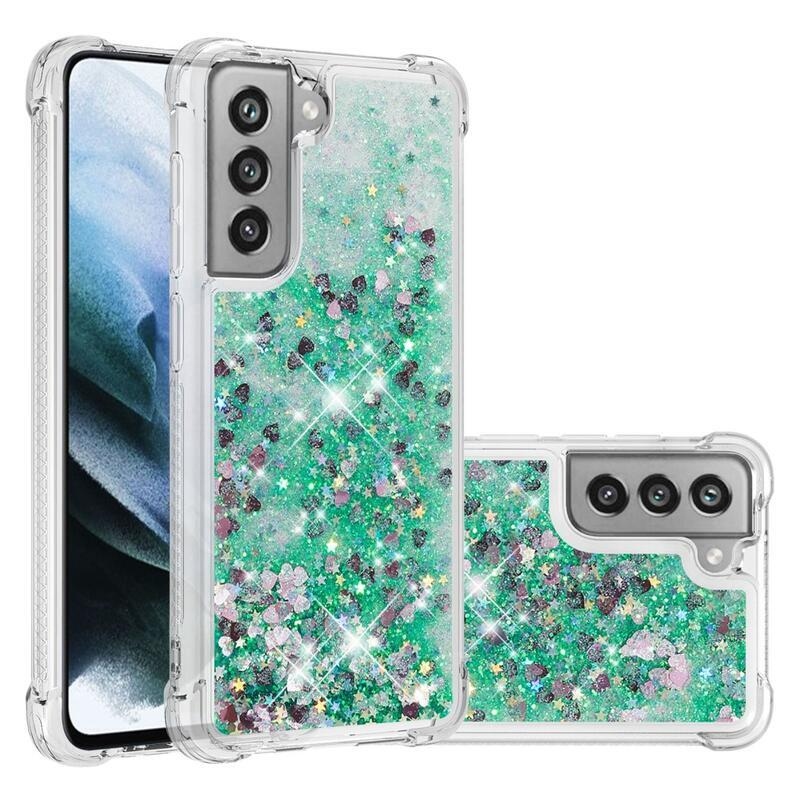 Glitter presýpací gélový obal na Samsung Galaxy S21 FE 5G - zelený/srdiečka