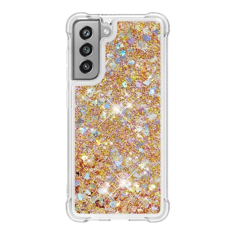 Glitter presýpací gélový obal na Samsung Galaxy S21 FE 5G - zlatý/srdiečka