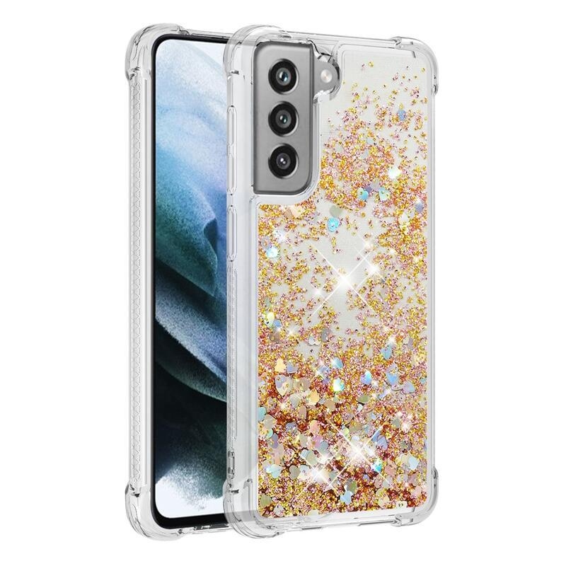 Glitter presýpací gélový obal na Samsung Galaxy S21 FE 5G - zlatý/srdiečka