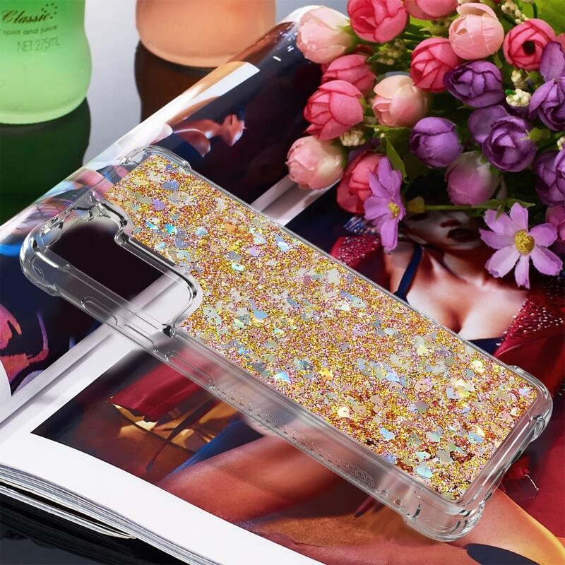 Glitter presýpací gélový obal na Samsung Galaxy S21 FE 5G - zlatý/srdiečka